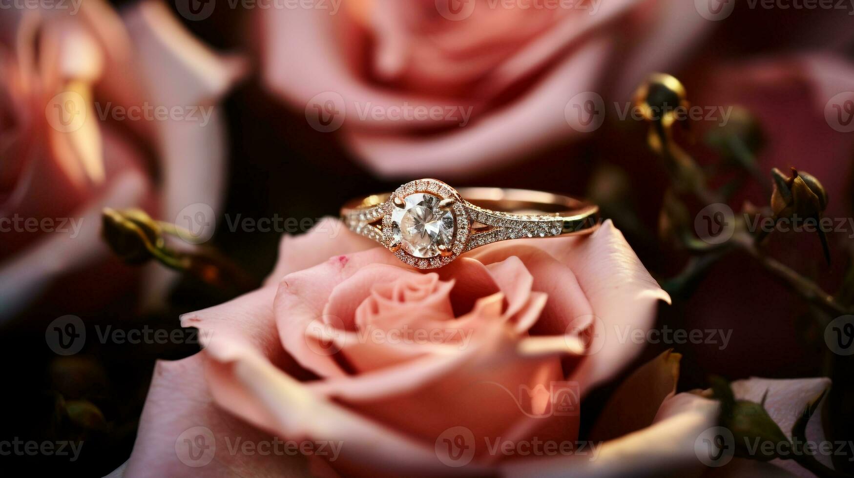 fotografia a elegante noivado anel apresentando uma radiante morganita aninhado dentro uma cama do rosas. generativo ai foto