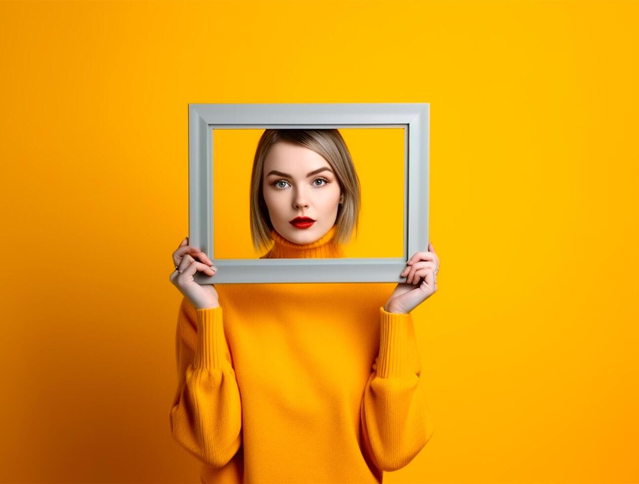 gracioso mulher mãos segurando papel quadro, Armação ai gerado foto