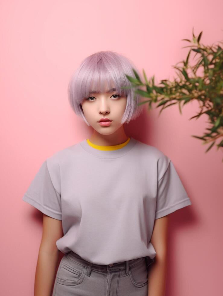 menina vestindo cinzento camiseta para brincar Projeto ai gerado foto