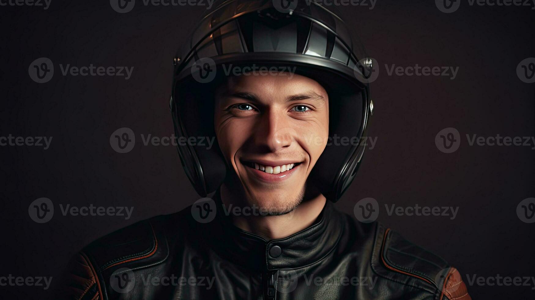 retrato do uma sorridente masculino motociclista dentro couro Jaqueta e motocicleta capacete olhando às Câmera. karting esporte conceito. generativo ai foto