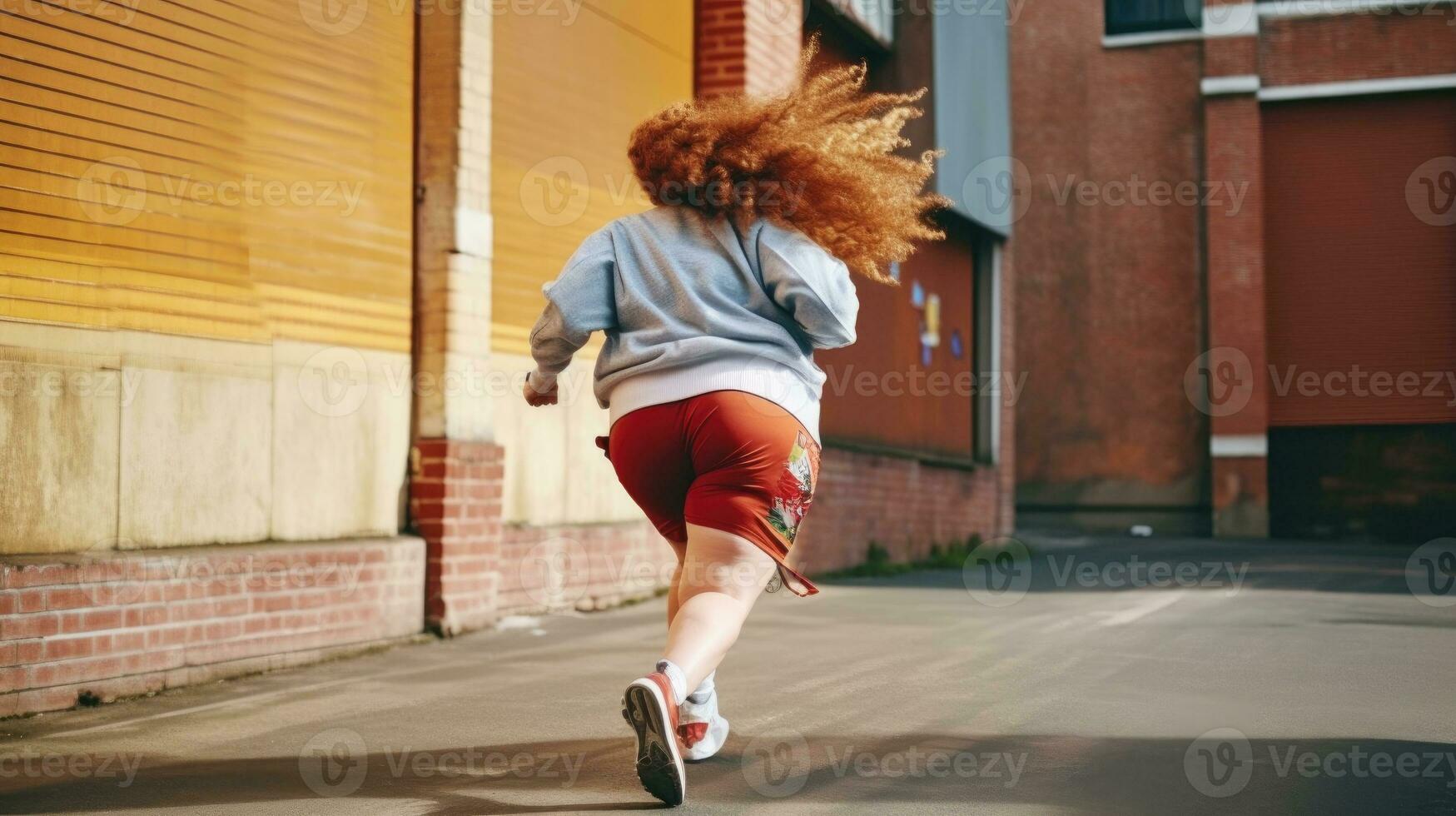 uma roliço mulher com vermelho cabelo corre ao longo a estrada dentro a rua. esporte e peso perda conceito. generativo ai foto