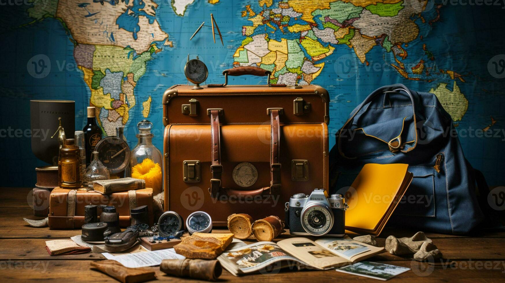 resistido de madeira mesa, uma desgastado Passaporte, uma bem viajado mochila, e uma vintage mala, mundo mapa, bússola, Câmera, ai generativo foto