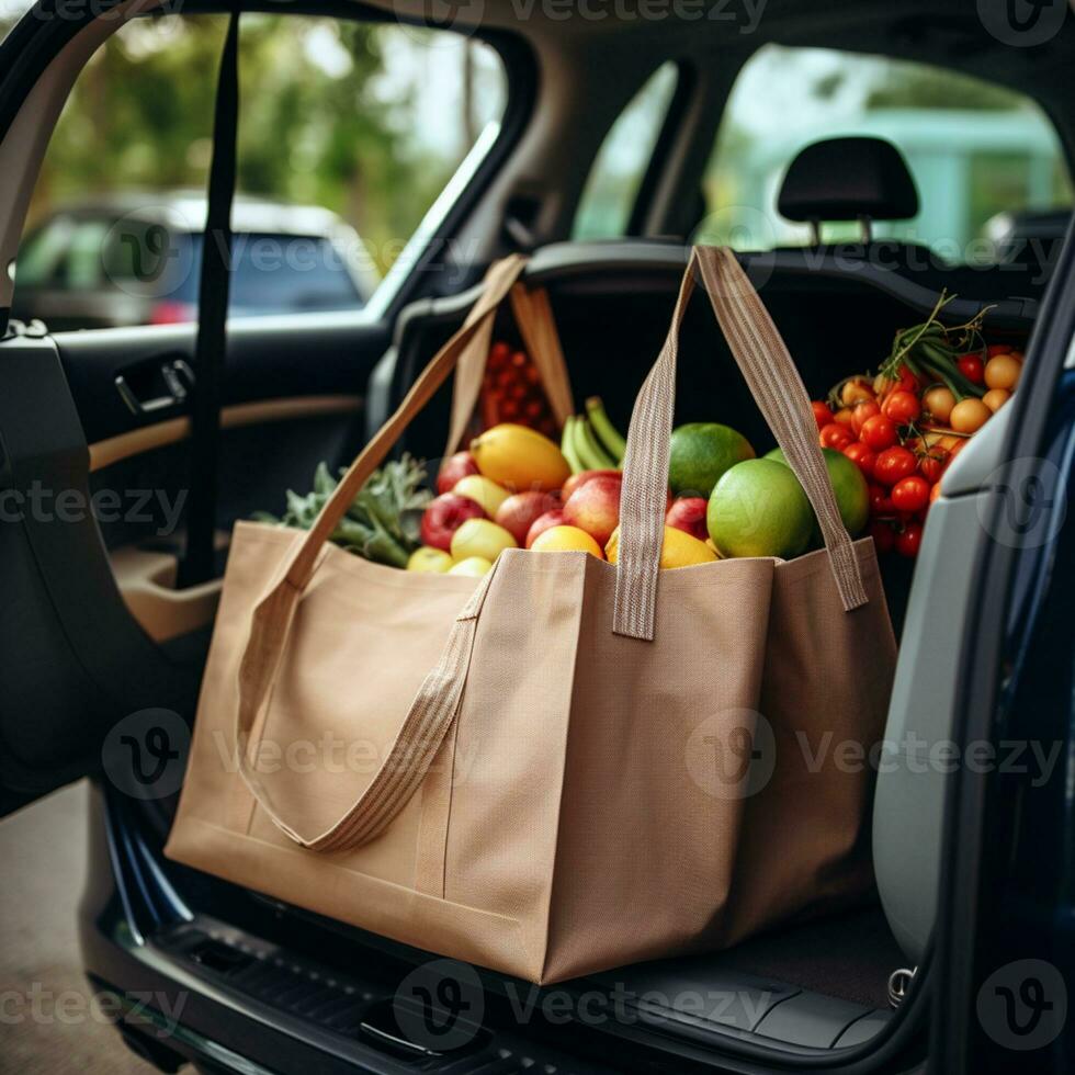 compras saco com mercearias e carro estacionamento dentro a voltar, ai generativo foto