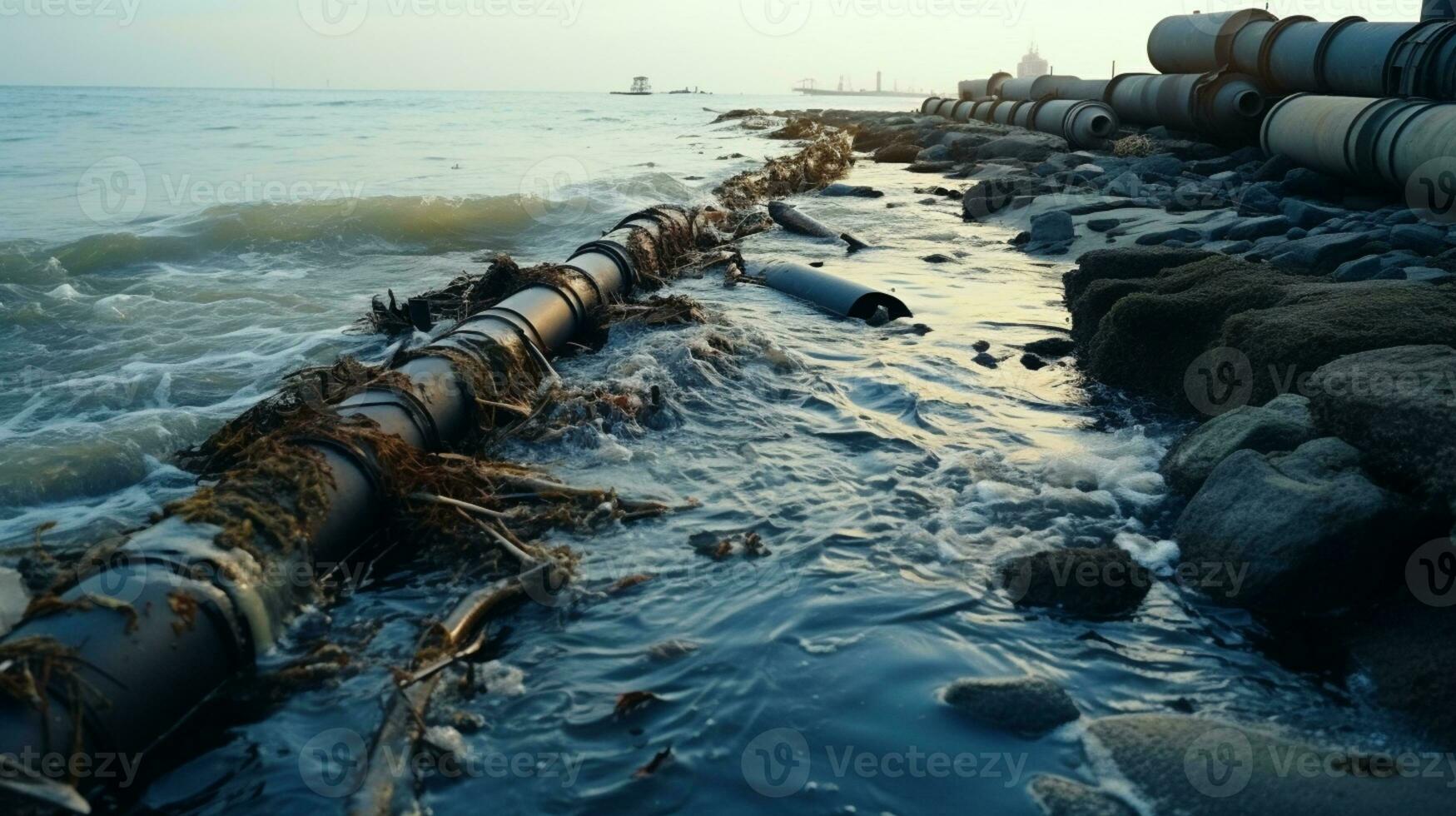 contaminado água conceito, sujo água fluxos a partir de a tubo para dentro a rio, água poluição, meio Ambiente contaminação, ai generativo foto