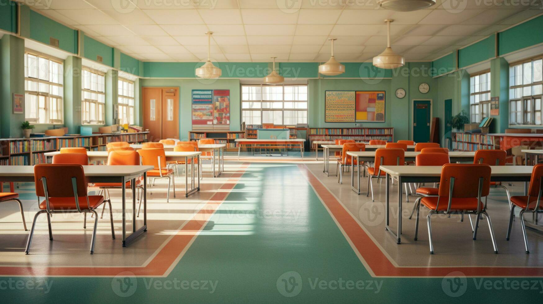 esvaziar Sala de aula escola sem aluna ou professor, esvaziar cadeira e mesa, esvaziar estude sala, ai generativo foto
