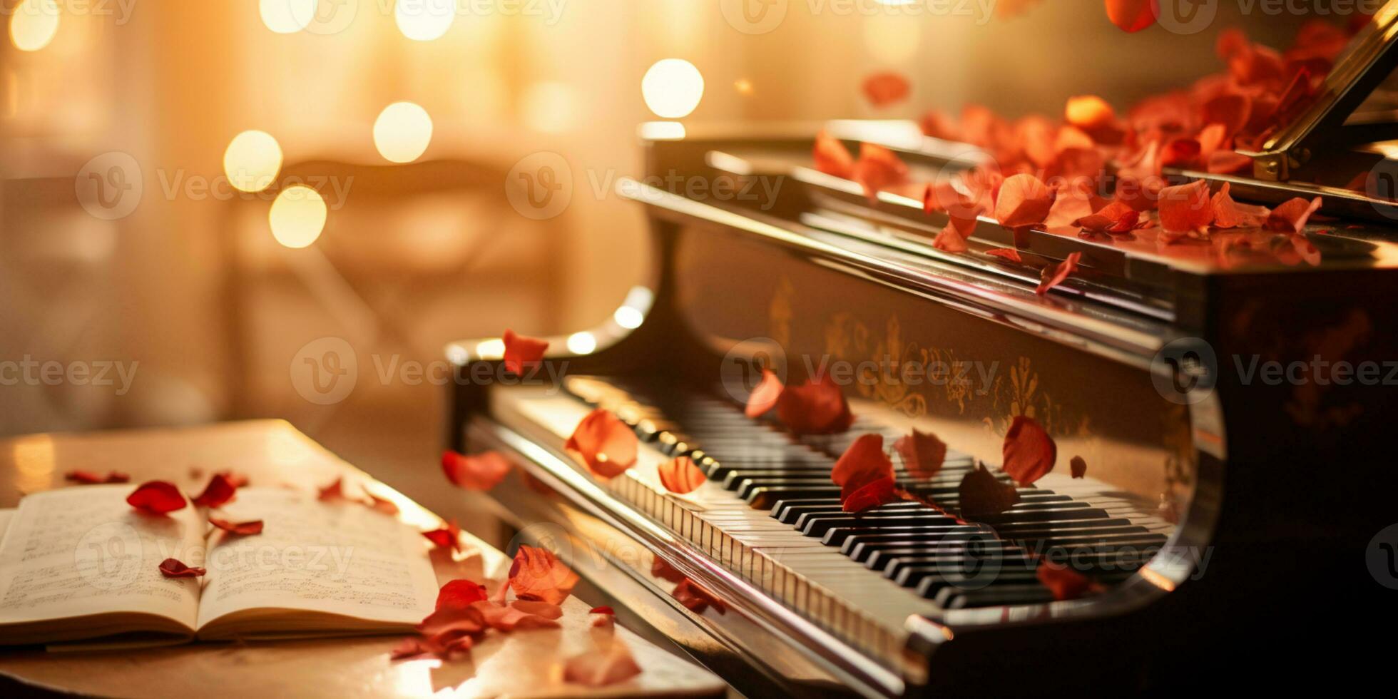 fechar acima do a elegante grande piano com caloroso luz solar, luxo, romântico cenário, música instrumento, ai generativo foto