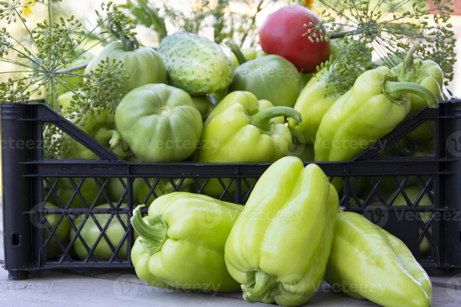 vegetais em uma caixa preta. pimentas frescas, pepinos e tomates foto