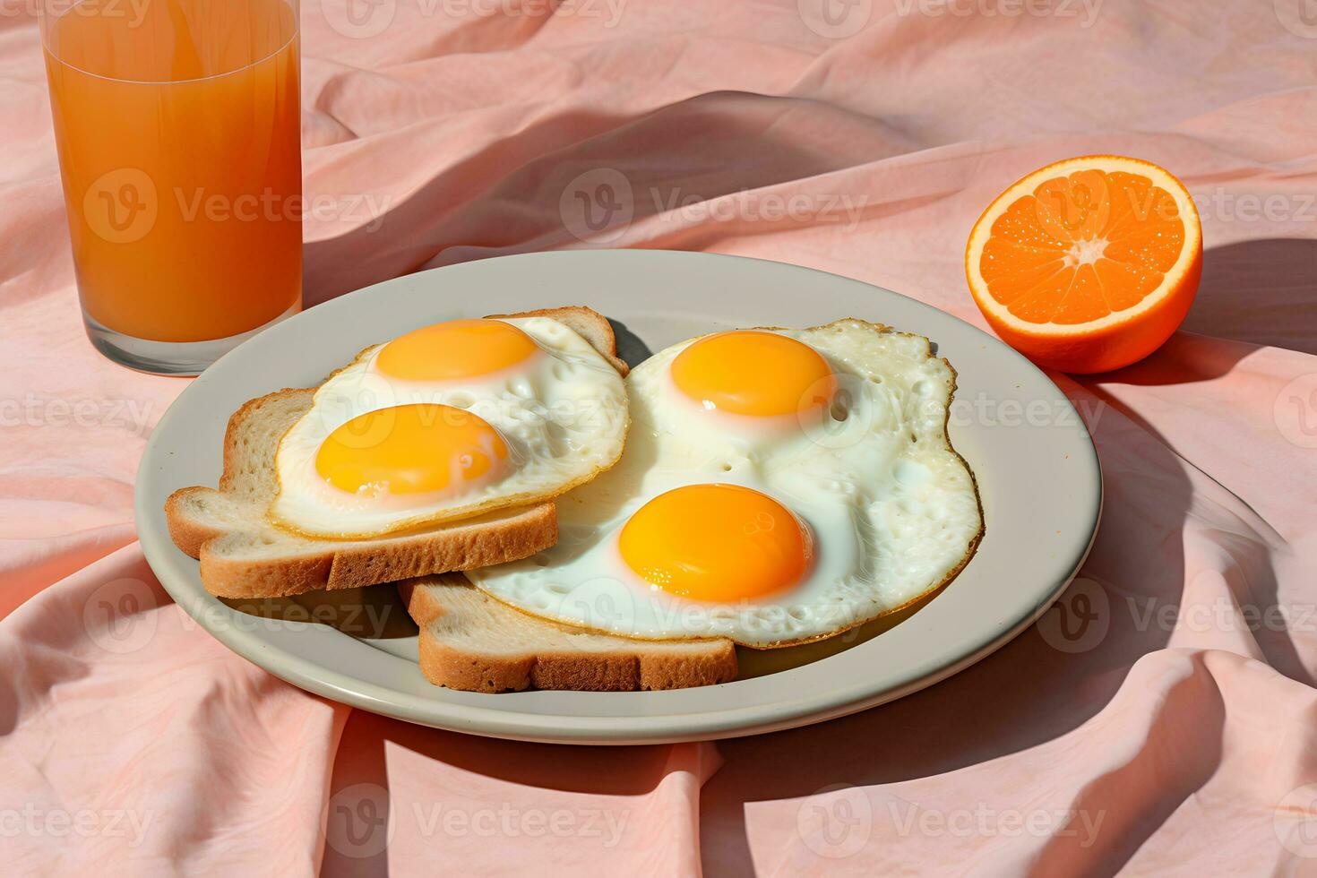 café da manhã com frito ovos e laranja suco em Rosa tecido fundo foto