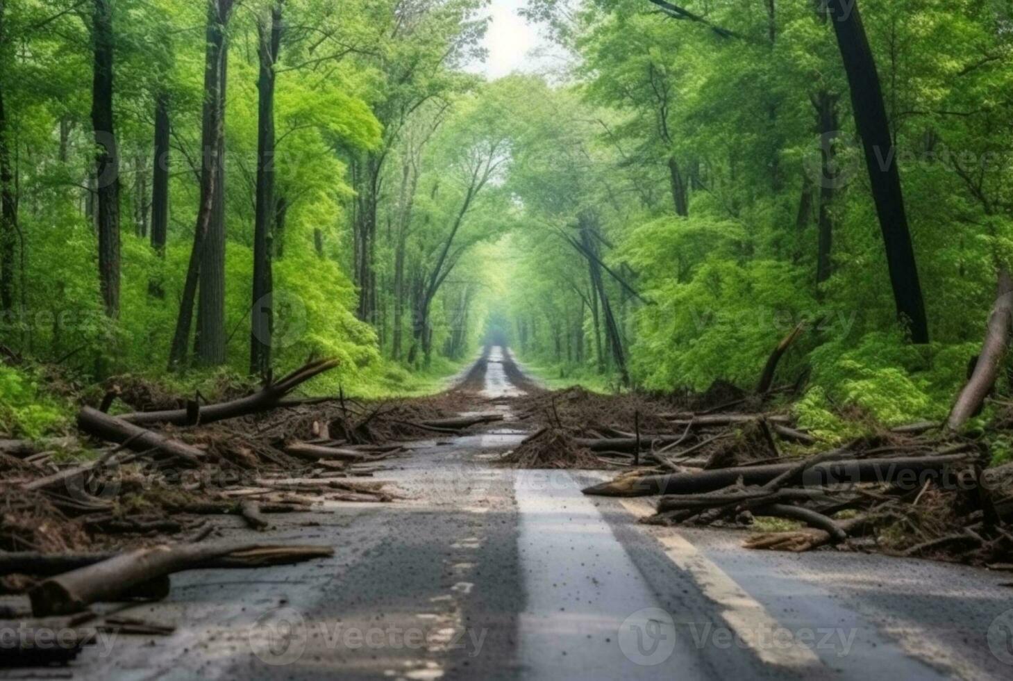 Visão do a asfalto estrada dentro a meio do uma floresta com árvores desmoronando vencimento para uma natural desastre. generativo ai foto