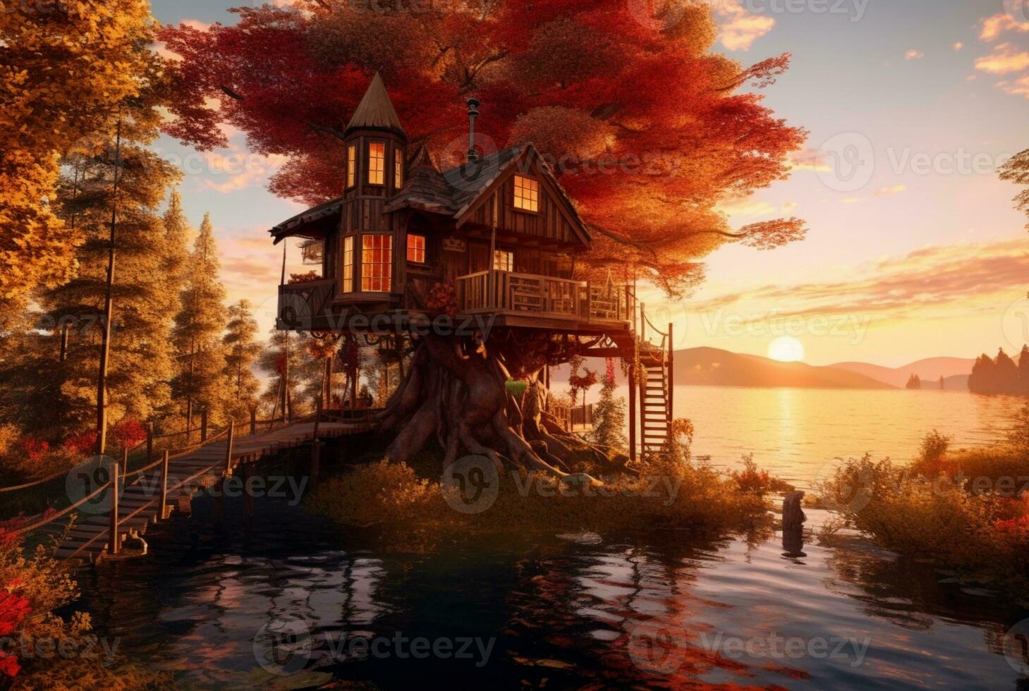 Visão do árvore casa em lago com pôr do sol beleza. generativo ai foto