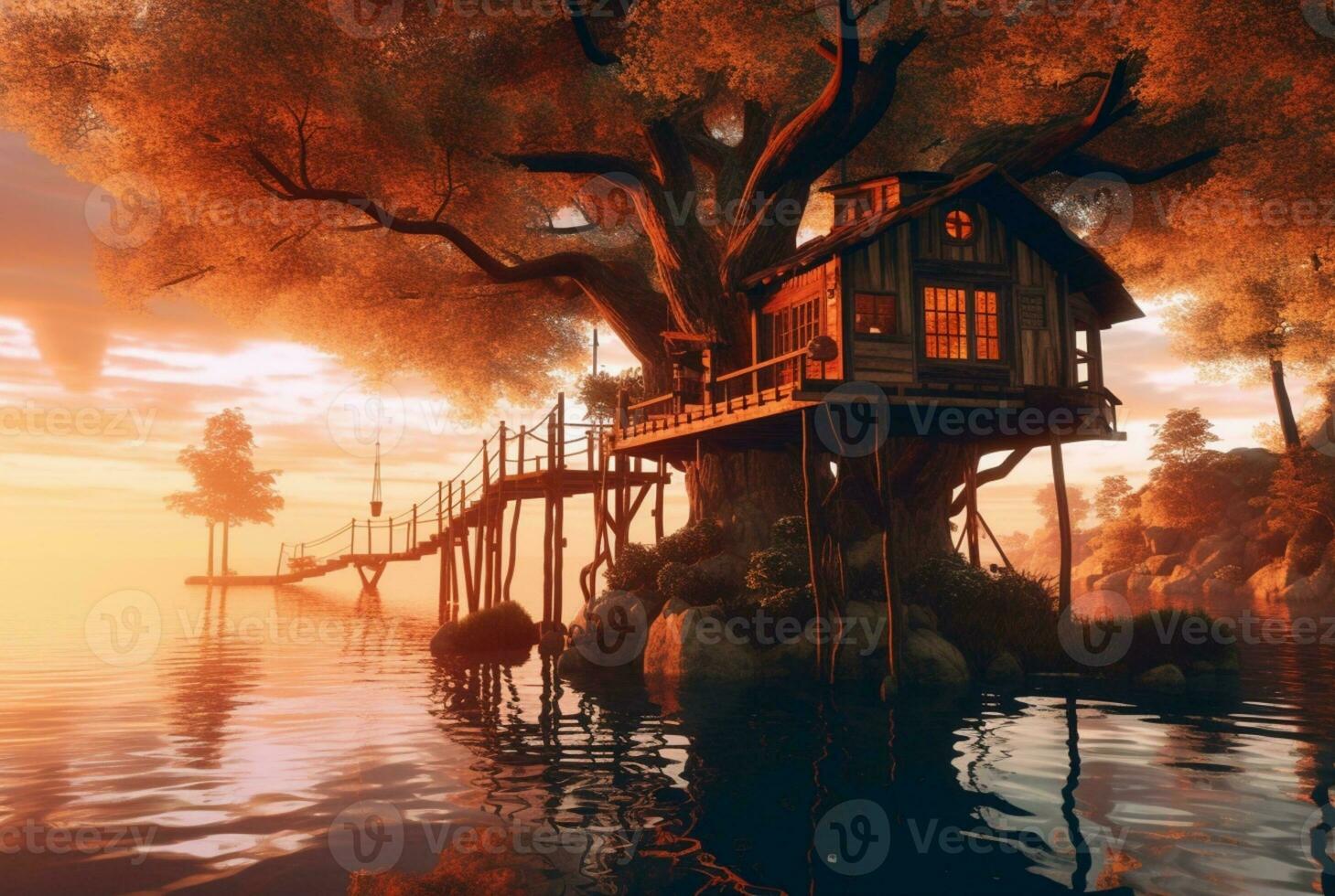 Visão do árvore casa em lago com pôr do sol beleza. generativo ai foto