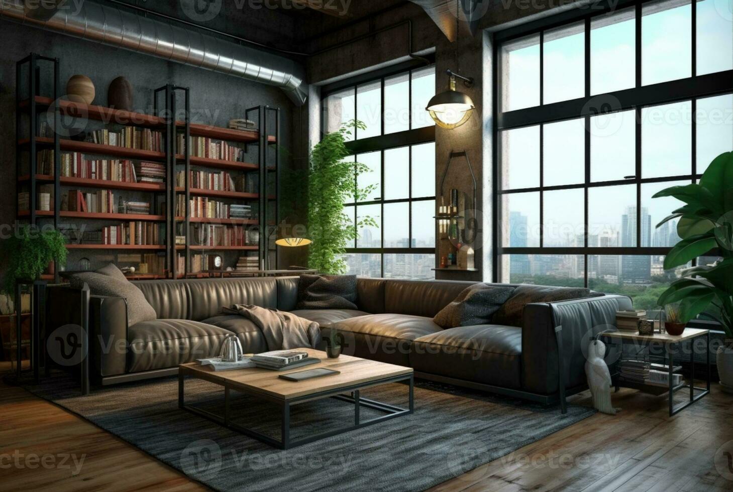 interior Projeto do vivo quarto dentro industrial estilo com ampla janelas decorado com concreto. generativo ai foto