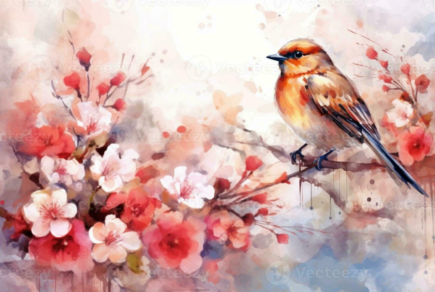 lindo flores e pássaros com aquarelas. generativo ai foto