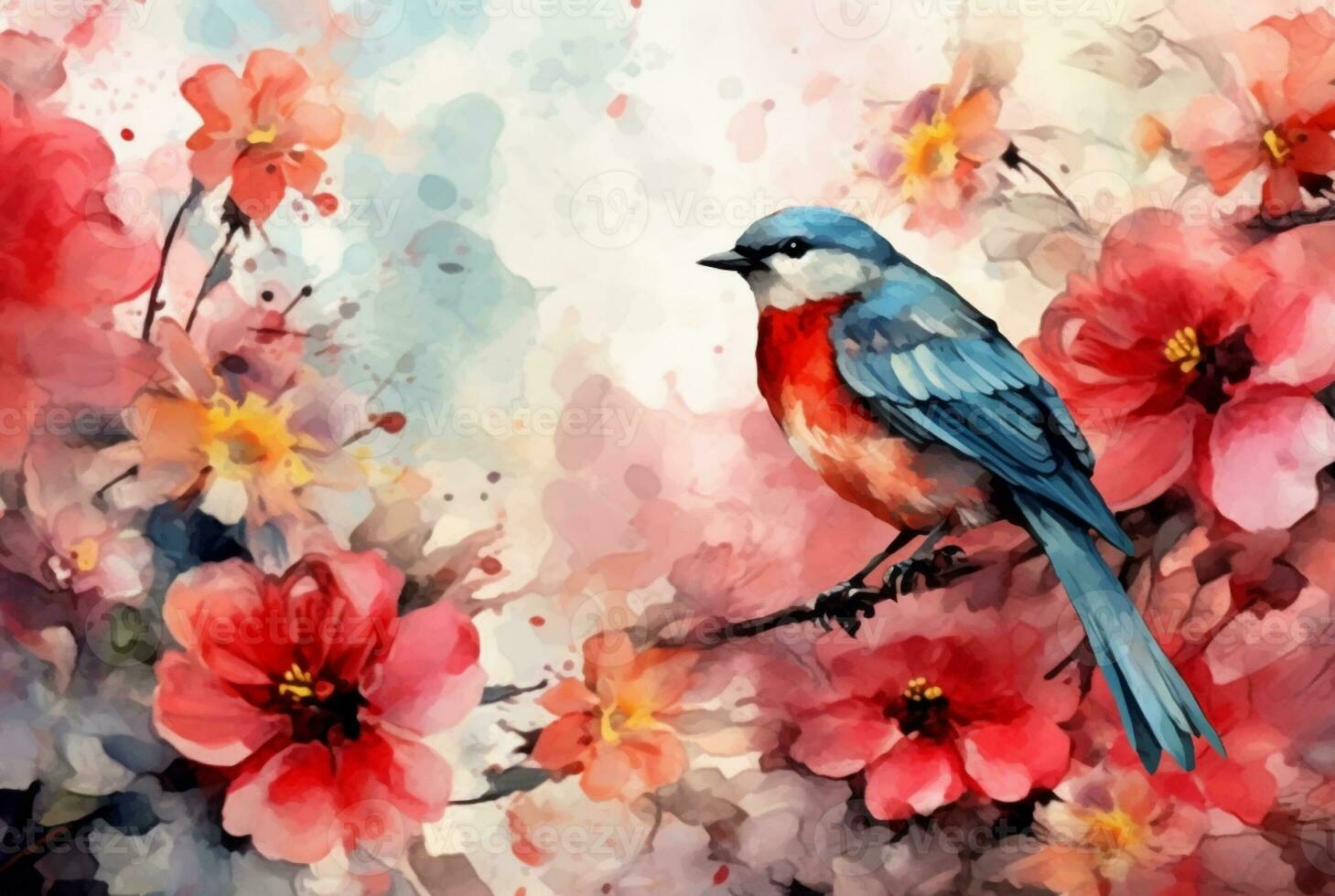 lindo flores e pássaros com aquarelas. generativo ai foto