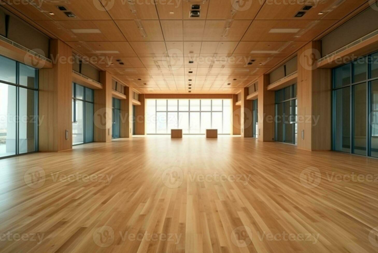 esvaziar grande escritório interior com madeira Projeto. generativo ai foto