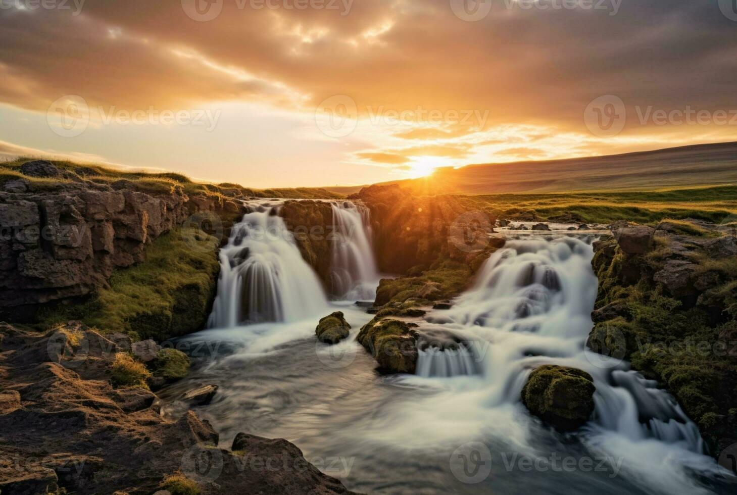 a beleza do a cascata com a nascer do sol dentro a manhã, grandes exposição. generativo ai foto