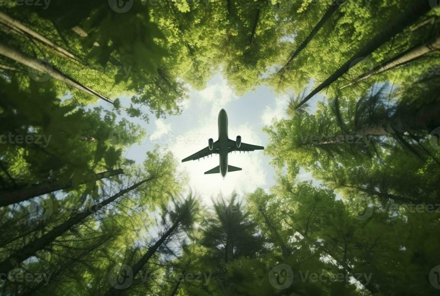 Visão do a avião dentro a meio do uma árvore visto a partir de abaixo. generativo ai foto