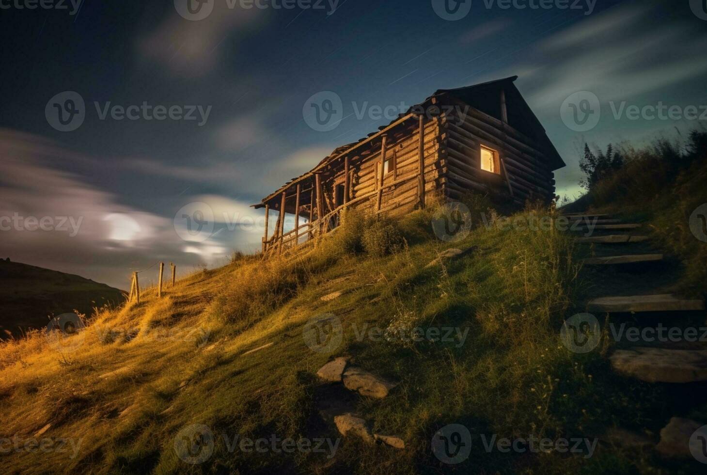 Visão do a cabana em a colina, grandes exposição. generativo ai foto