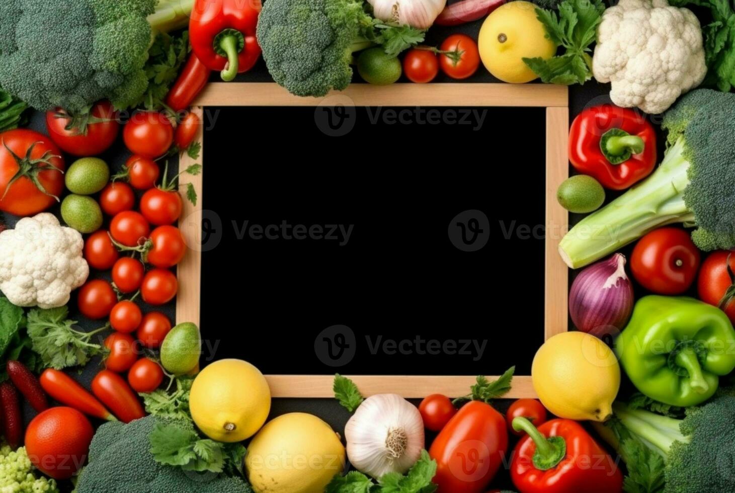 topo Visão do esvaziar quadro, Armação no meio fresco legumes e frutas. generativo ai foto