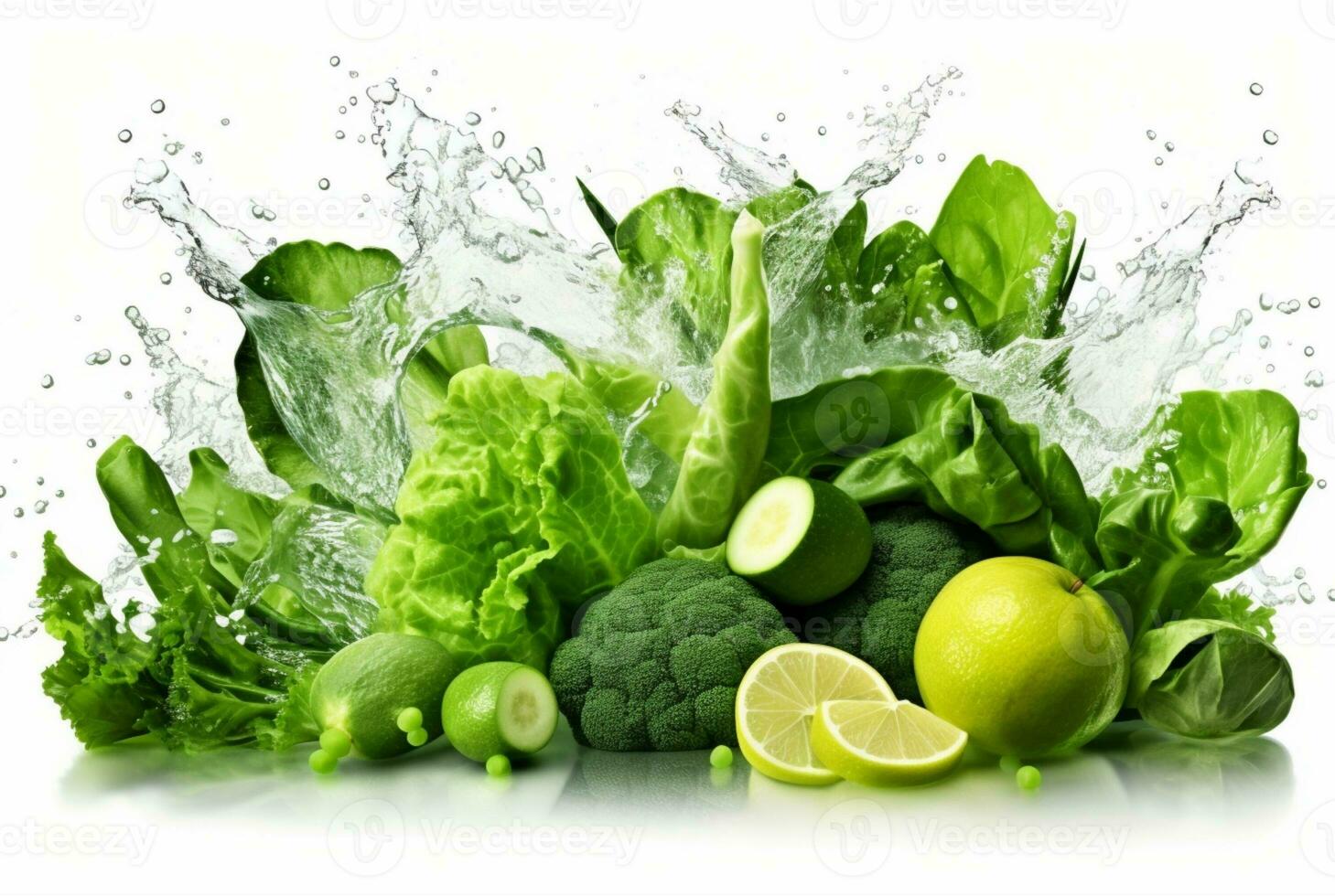 fresco verde legumes com água salpicos isolado em branco fundo. generativo ai foto