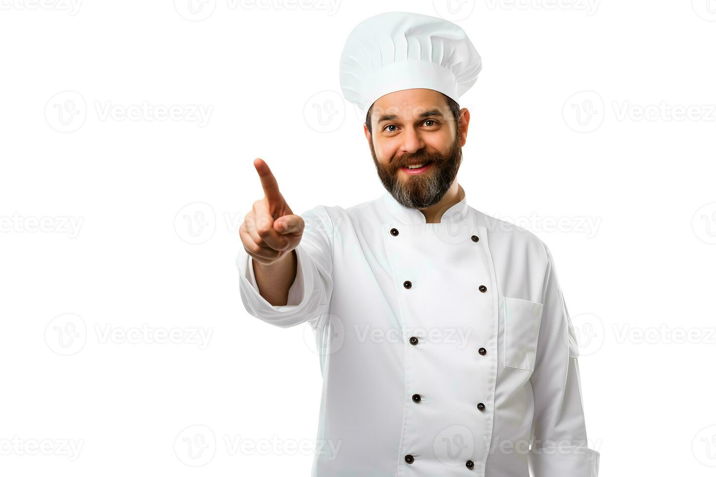 chefe de cozinha homem apontando para a frente e sorridente em isolado branco fundo foto