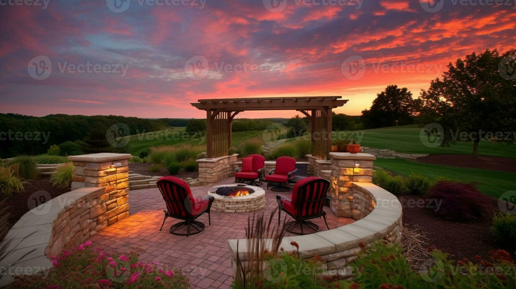 relaxante retiro acolhedor quintal com fogo Cova e pérgola assento, generativo ai foto