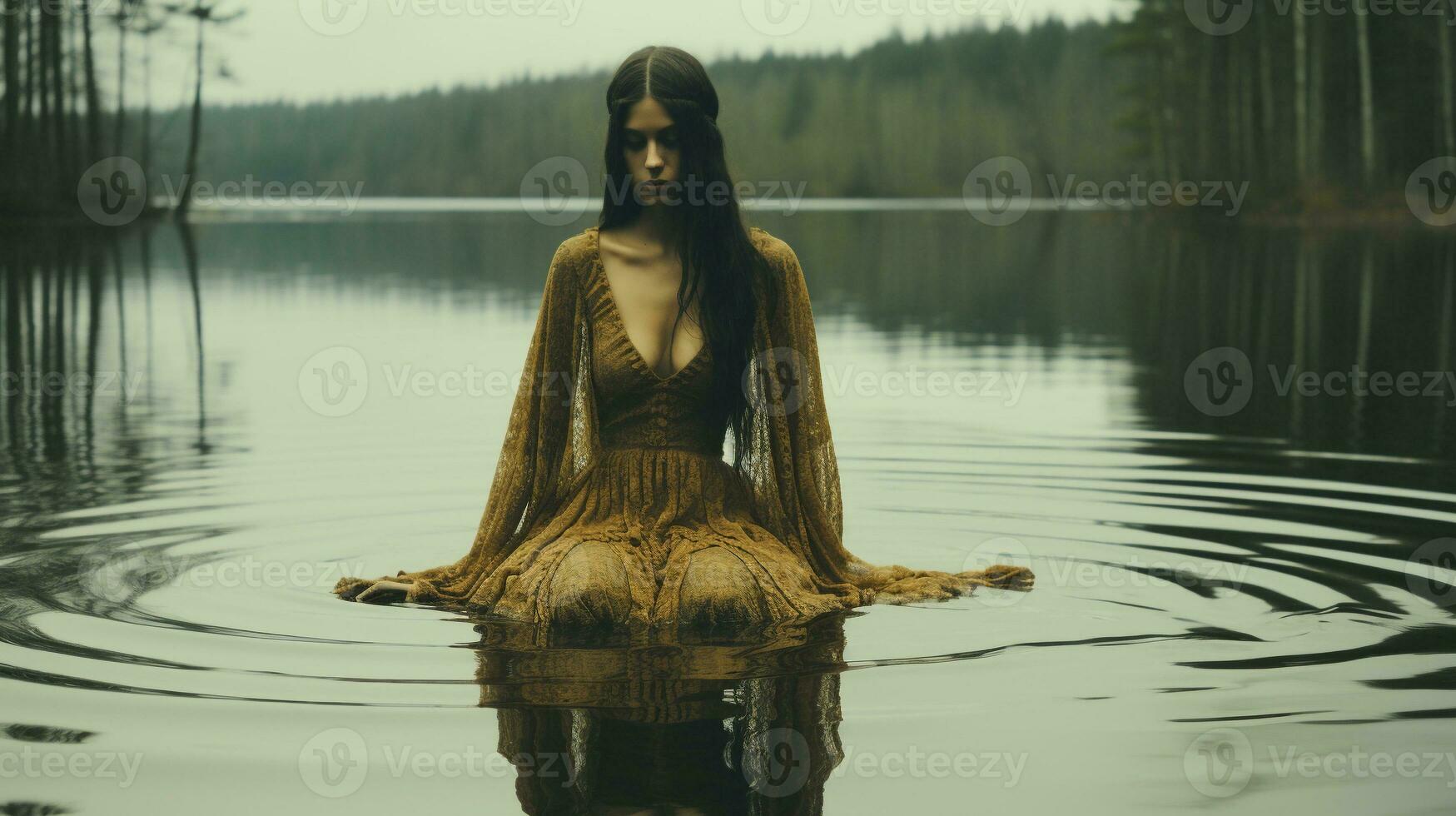 generativo ai, etéreo serenidade a fantasma de a enluarada lago foto