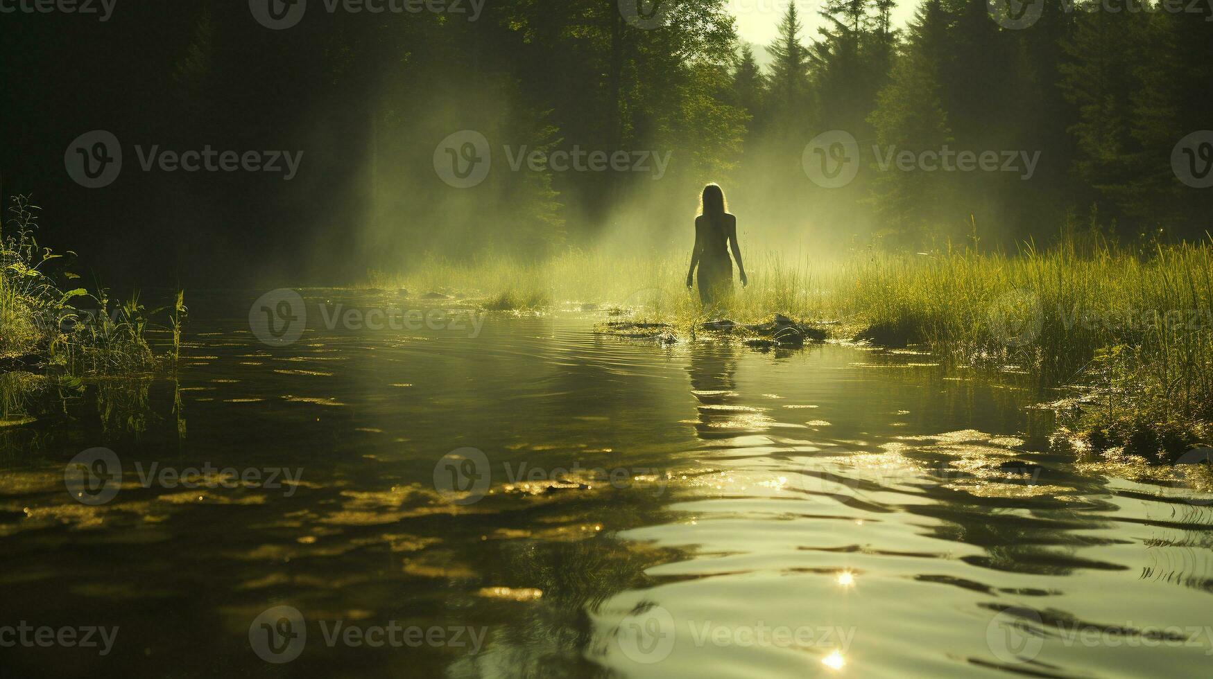 generativo ai, uma transparente figura no meio a cheio de anoitecer floresta foto