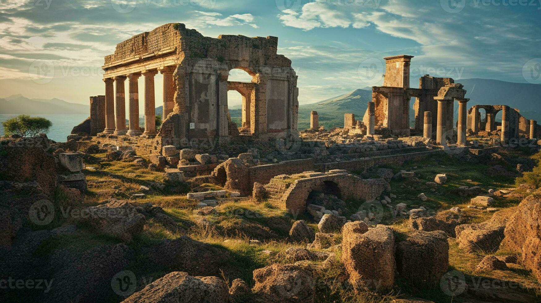 generativo ai, antigo ruínas combinar paisagens com histórico elemento foto