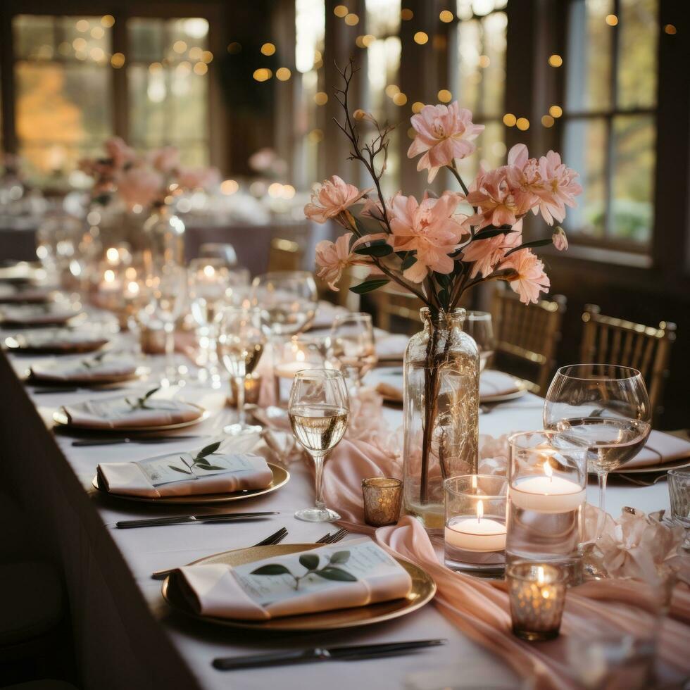 elegante recepção mesas decorado com Rosa e ouro acentos foto