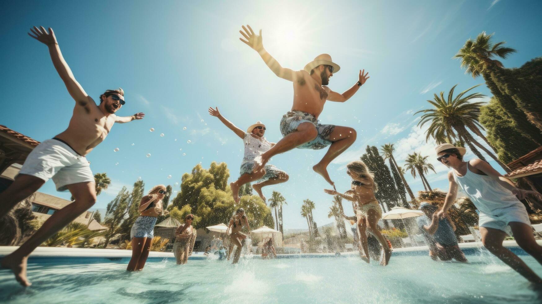 uma grupo do amigos pulando para dentro a piscina, capturado dentro meio do ar foto