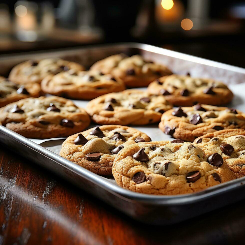 delicioso chocolate lasca biscoitos fresco a partir de a forno em uma bandeja foto