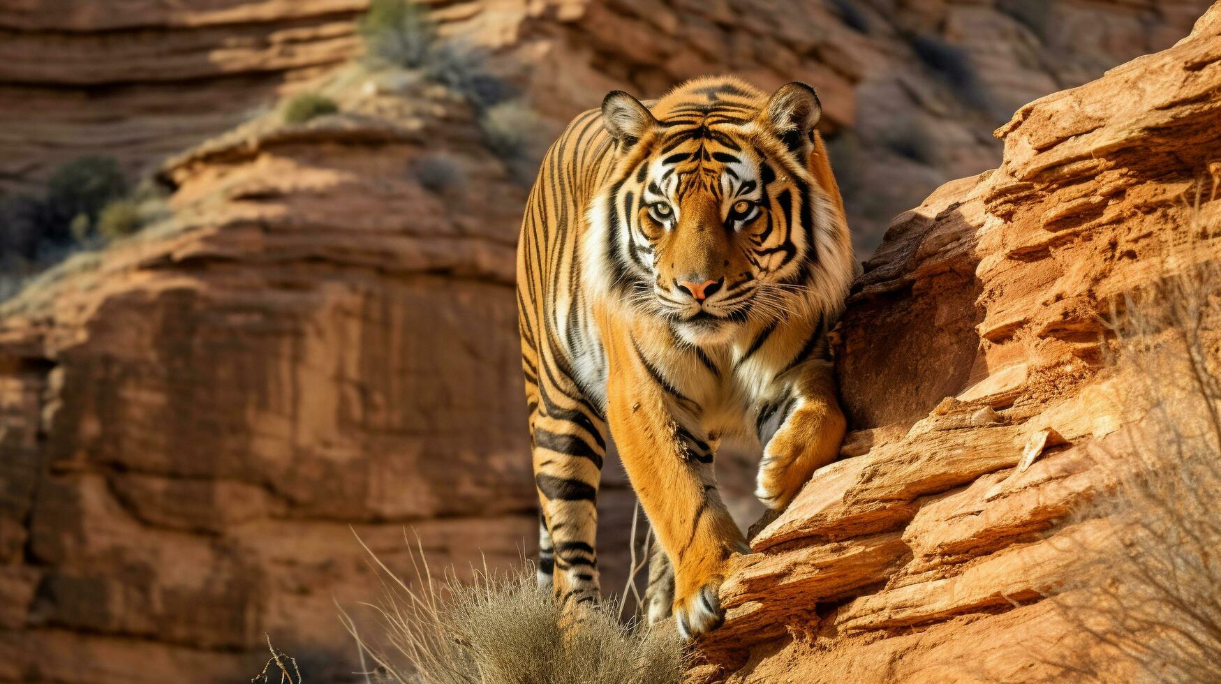 de tigre furtivo viagem através a áspero desfiladeiro, ai generativo foto