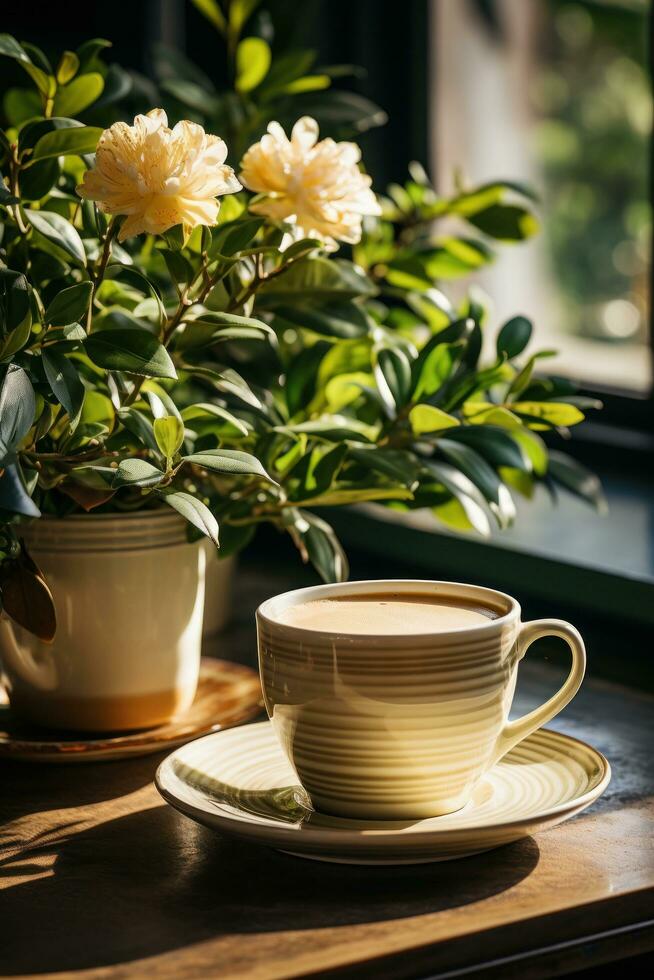 a estético estúdio café fazer compras interior apresentando uma café copo e plantar uma café copo e plantar em uma mesa foto