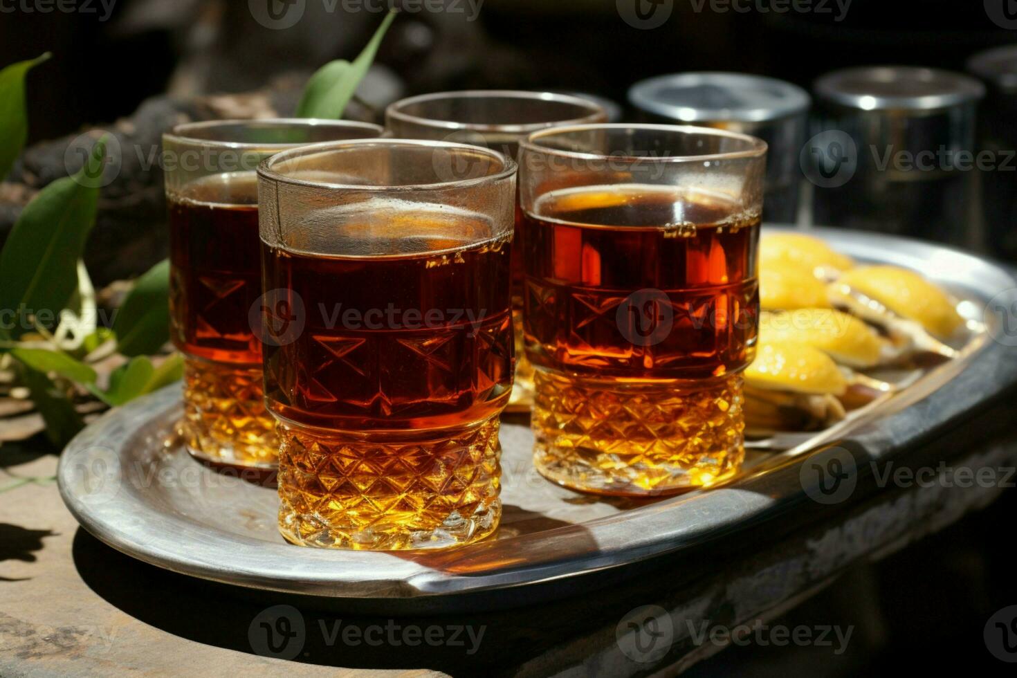 meticulosamente arranjado óculos do Preto chá em uma de bom gosto servindo bandeja ai gerado foto