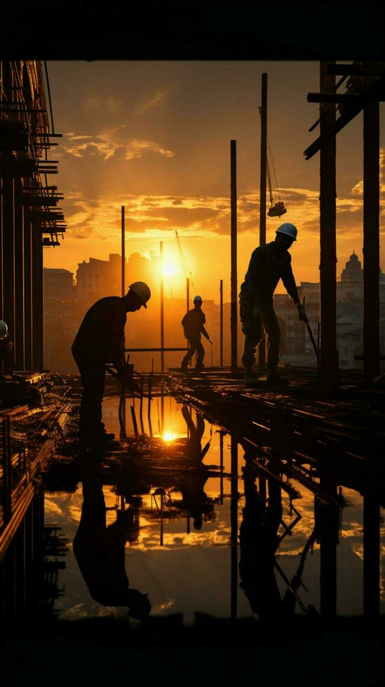luz do dia diminui Como construção trabalhadores continuar seus tarefas, emoldurado de a configuração Sol vertical Móvel papel de parede ai gerado foto