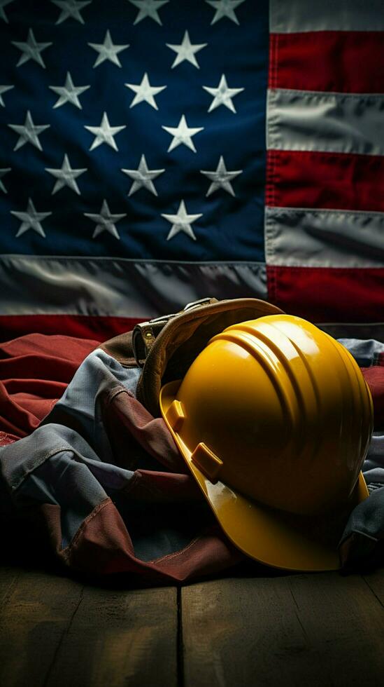 americano bandeira ondas de capacete e ferramentas, incorporando trabalho dias essência vertical Móvel papel de parede ai gerado foto