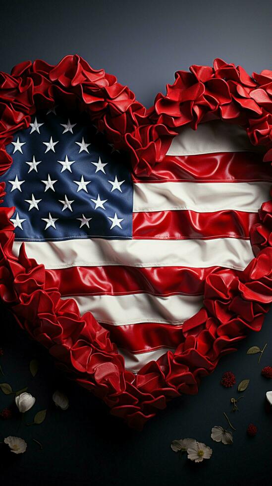 coração em forma tributo EUA bandeira criativamente incorpora a espírito do independência dia vertical Móvel papel de parede ai gerado foto