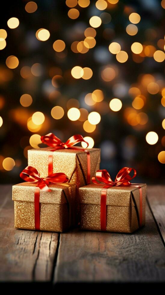 festivo alegria presente caixas, vermelho arcos, cintilante bokeh luzes. Natal e Novo ano. vertical Móvel papel de parede ai gerado foto