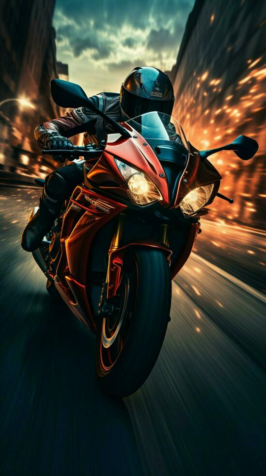 movimento borrado rodovia andar de, motociclista em vermelho motocicleta cativa dentro frontal perspectiva vertical Móvel papel de parede ai gerado foto