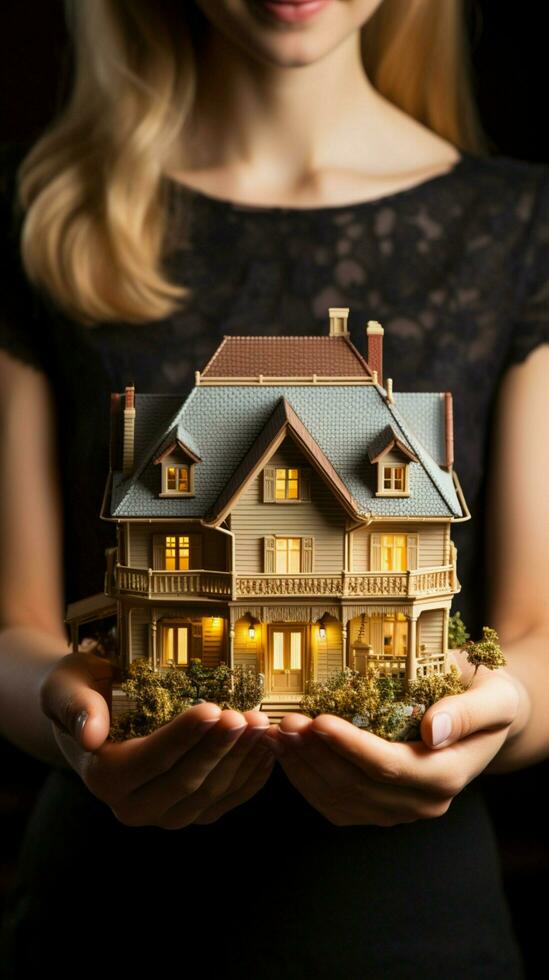símbolo do sonhos jovem mulher mãos seguro uma modelo casa com Cuidado vertical Móvel papel de parede ai gerado foto