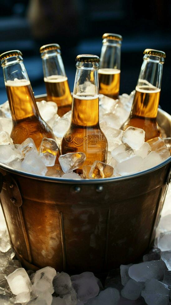 refrigerado Cerveja garrafas descansar dentro a gelo preenchidas balde, promissor frio e delicioso goles vertical Móvel papel de parede ai gerado foto