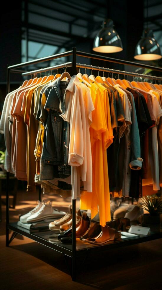 roupas da loja cabides Exibir moderno moda, destacando a boutique à moda ambiente. vertical Móvel papel de parede ai gerado foto