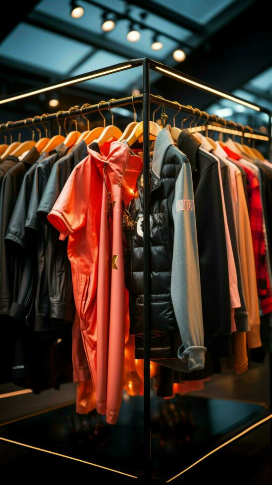 roupas da loja cabides Exibir moderno moda, destacando a boutique à moda ambiente. vertical Móvel papel de parede ai gerado foto