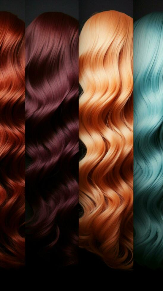 cor espectro sortimento vitrines diferente cabelo tingimento tons ao lado natural cabelo cor amostras vertical Móvel papel de parede ai gerado foto