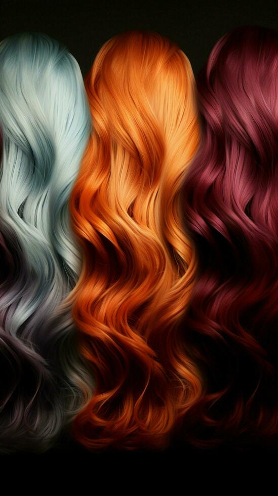cor espectro sortimento vitrines diferente cabelo tingimento tons ao lado natural cabelo cor amostras vertical Móvel papel de parede ai gerado foto