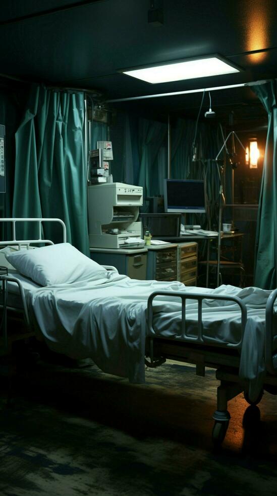 desolado hospital quarto monitores 1 cama, em falta qualquer sinais do ocupação. vertical Móvel papel de parede ai gerado foto