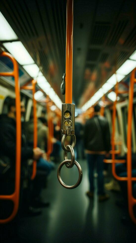 perspectiva em segurança borrado mão detém metrô alça, garantindo seguro público transporte. vertical Móvel papel de parede ai gerado foto