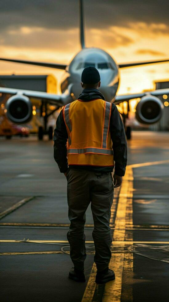 costas Visão aeronave manutenção Supervisor cabeças para estacionado avião em aterrissagem campo. vertical Móvel papel de parede ai gerado foto