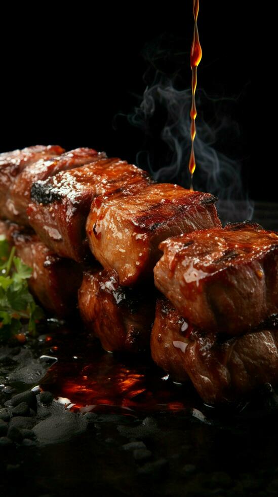 delicioso churrasco carne fragmentos espetado em uma garfo, contrastante ousadamente contra Preto vertical Móvel papel de parede ai gerado foto